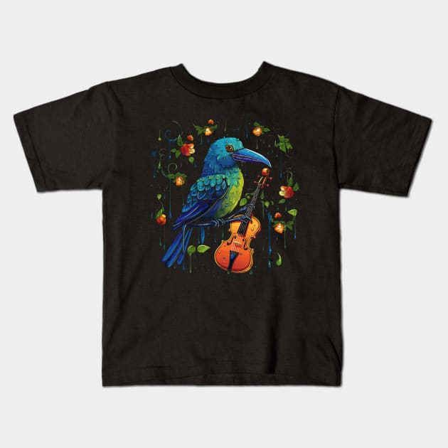 Umbrellabird Playing Violin Kids T-Shirt by JH Mart